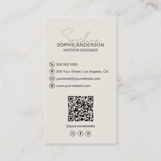 Interieurontwerper Script Naam Foto QR Tan Visitekaartje (Achterkant)