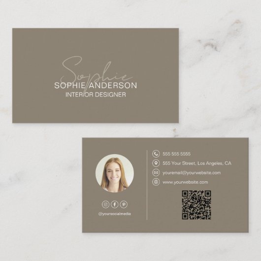 Interieurontwerper Script Naam Foto QR Taupe Visitekaartje (Voorkant / Achterkant)