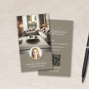 Interieurontwerper Script Naam Foto QR Taupe Visitekaartje
