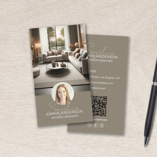 Interieurontwerper Script Naam Foto QR Taupe Visitekaartje