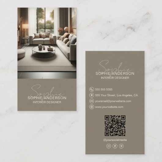 Interieurontwerper Script Naam Foto QR Taupe Visitekaartje (Voorkant / Achterkant)