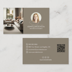 Interieurontwerper Script Naam Foto QR Taupe Visitekaartje