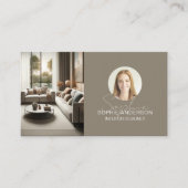 Interieurontwerper Script Naam Foto QR Taupe Visitekaartje (Voorkant)