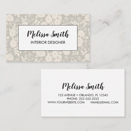 Interior Design Floral Pattern Gray Business Card Visitekaartje (Voorkant / Achterkant)