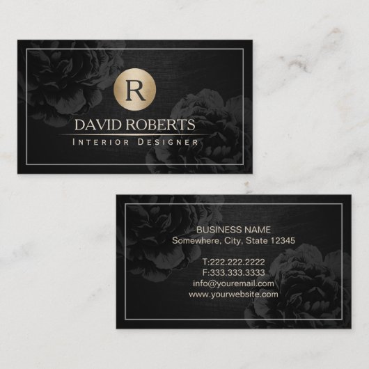 Interior Design Gold Monogram  Black Floral Visitekaartje (Voorkant / Achterkant)