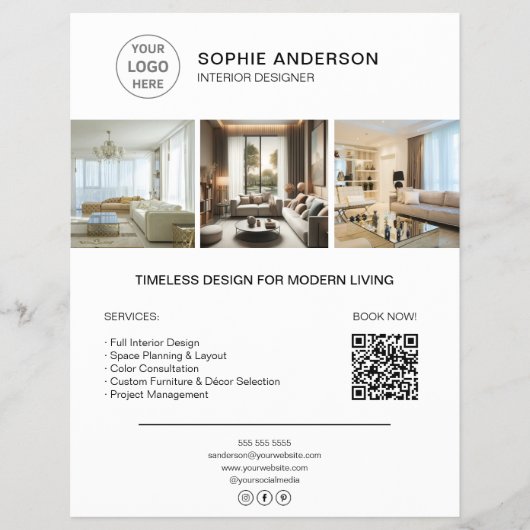 Interior Designer Logo Photo QR White Business Flyer (Voorkant)