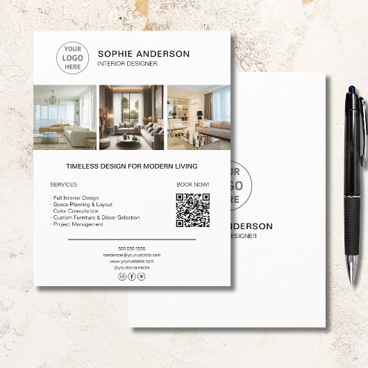Interior Designer Logo Photo QR White Business Flyer