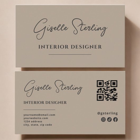 Interior Designer Neutral Taupe Script QR Code Visitekaartje