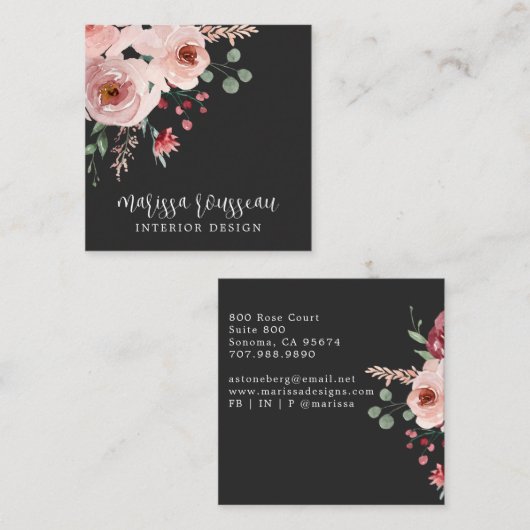 Interior Designer Pink Floral Boho Black Vierkante Visitekaartje (Voorkant / Achterkant)