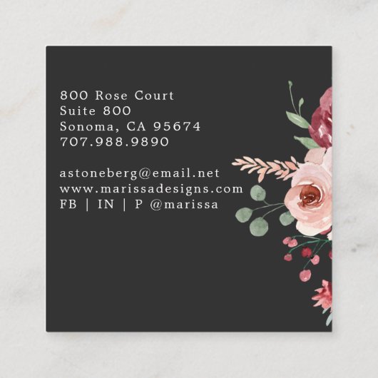 Interior Designer Pink Floral Boho Black Vierkante Visitekaartje (Achterkant)