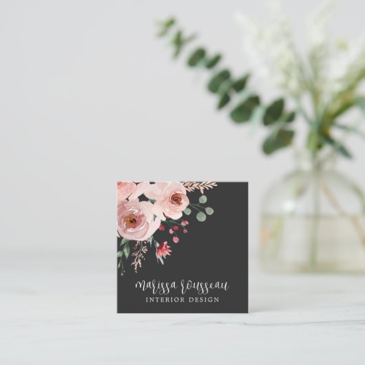 Interior Designer Pink Floral Boho Black Vierkante Visitekaartje (Staand voorkant)