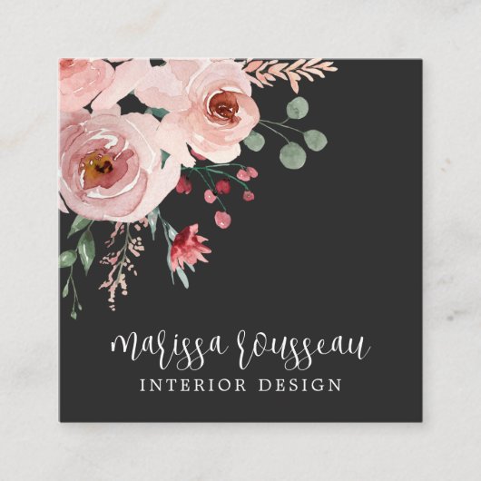 Interior Designer Pink Floral Boho Black Vierkante Visitekaartje (Voorkant)