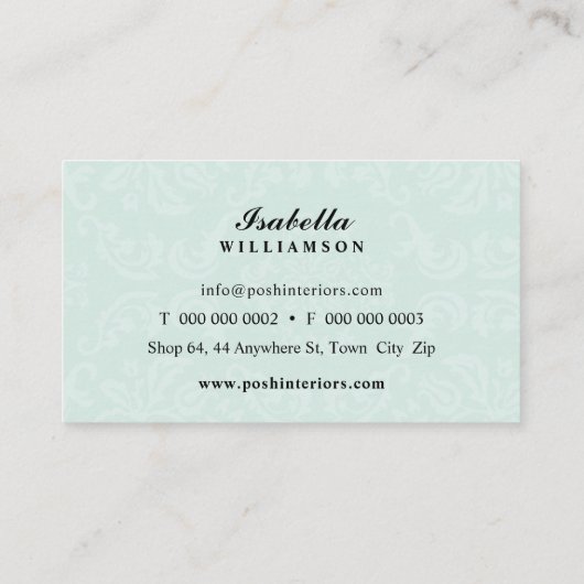 INTERIOREN modern elegant textiel demask mint Visitekaartje (Achterkant)