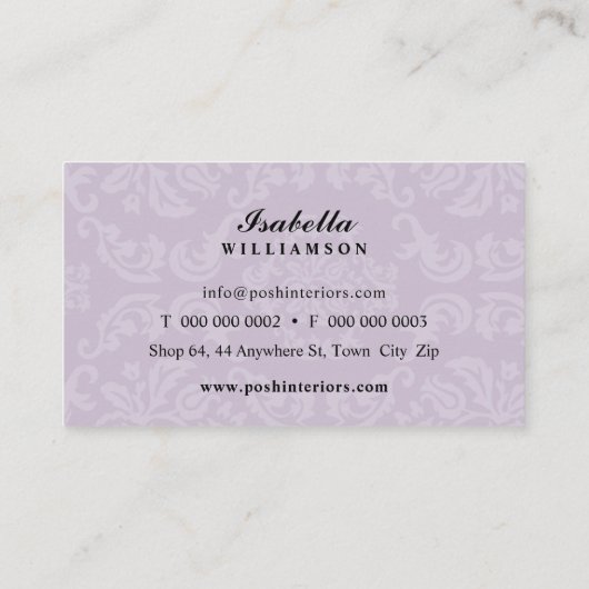 INTERIOREN modern elegant textiel demask paars Visitekaartje (Achterkant)