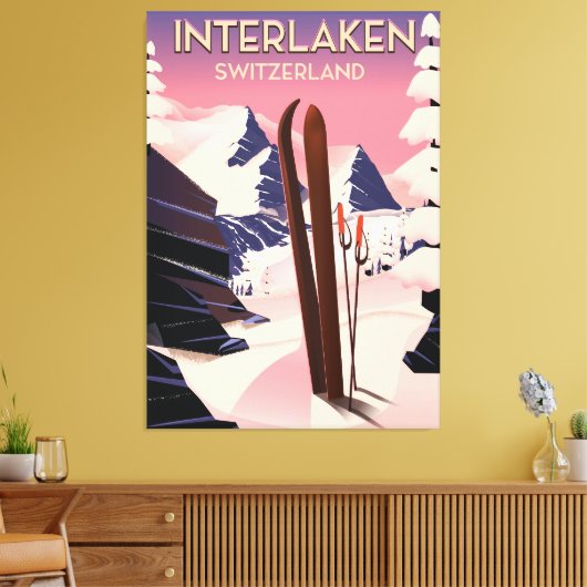 Interlaken Zwitserland Ski reisposter. Canvas Afdruk (Insitu (Woonkamer))