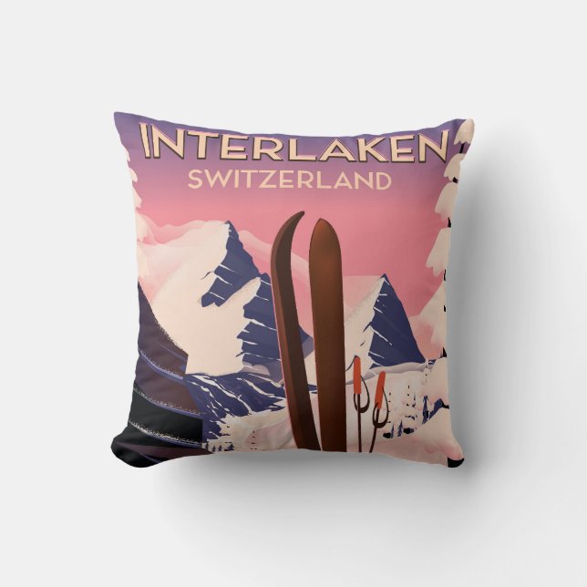 Interlaken Zwitserland Ski reisposter. Kussen (Voorkant)