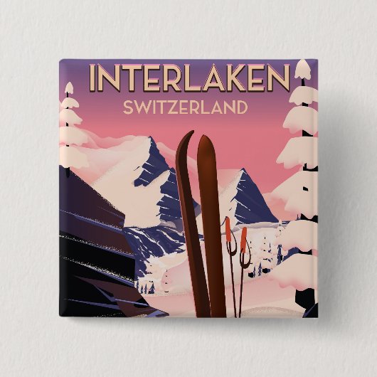 Interlaken Zwitserland Ski reisposter. Vierkante Button 5,1 Cm (Voorkant)