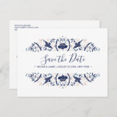 Internationaal > Japans | Crested ibis Blue Weddin Aankondigingskaart (Voorkant / Achterkant)