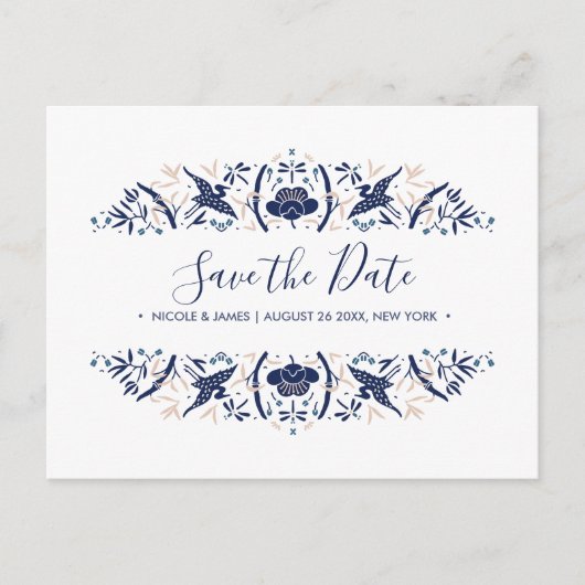 Internationaal > Japans | Crested ibis Blue Weddin Aankondigingskaart (Voorkant)