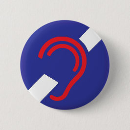 Internationaal symbool voor doven, rood, wit en bl ronde button 5,7 cm