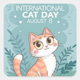 International Cat Day Cute Whimsical Cat Art Vierkante Sticker