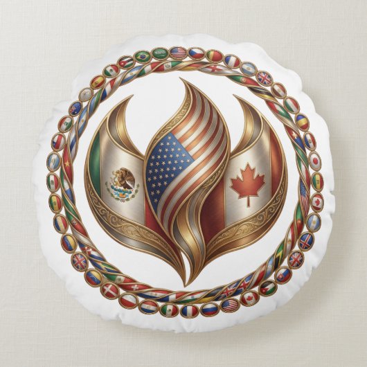 International Unity Flame with World Flags Emblem  Rond Kussen (Voorkant)
