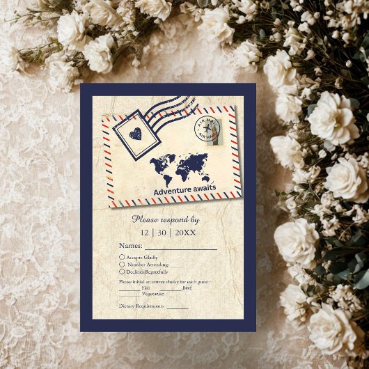 Internationale Avontuur Rustieke Bestemming Trouwe RSVP Kaartje