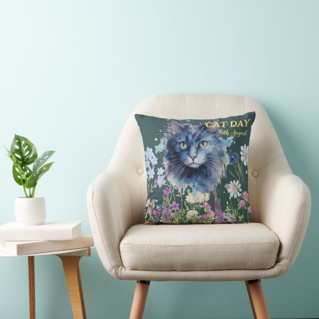 Internationale Kattendag Waterverf Wilde Bloem Kussen (Stoel)
