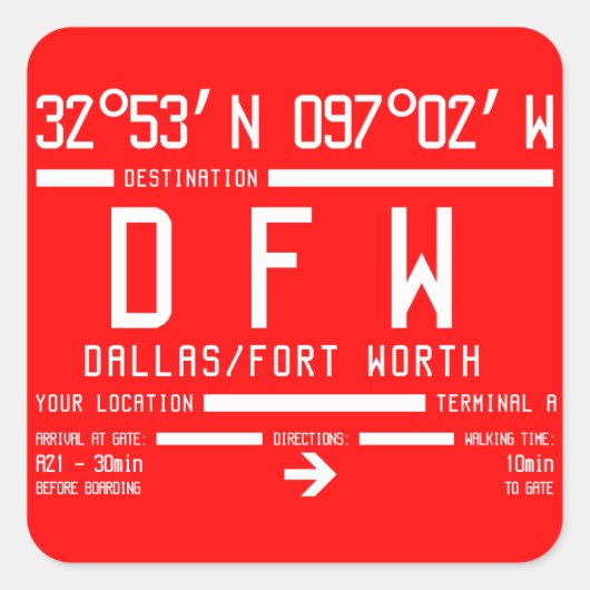 Internationale Luchthavencode Dallas/Fort Worth Vierkante Sticker (Voorkant)