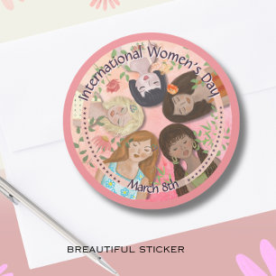 Internationale Vrouwendag Roze Vrouwelijke Portret Ronde Sticker