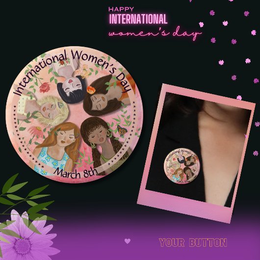 Internationale Vrouwendag Roze Vrouwenportretten Ronde Button 4,0 Cm