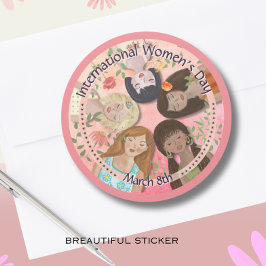 Internationale Vrouwendag Roze Vrouwenportretten Ronde Sticker