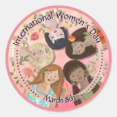 Internationale Vrouwendag Roze Vrouwenportretten Ronde Sticker (Voorkant)