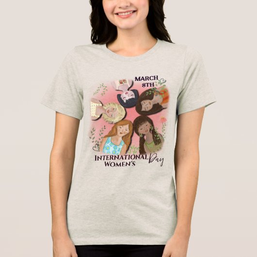 Internationale Vrouwendag Roze Vrouwenportretten Tri-Blend Shirt (Voorkant)