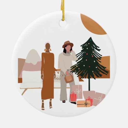 Interraciaal Vrouw Kerstmis Keramisch Ornament (Achterkant)