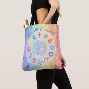 Interreligieuze symbolen (Glas in lood regenboog) Tote Bag