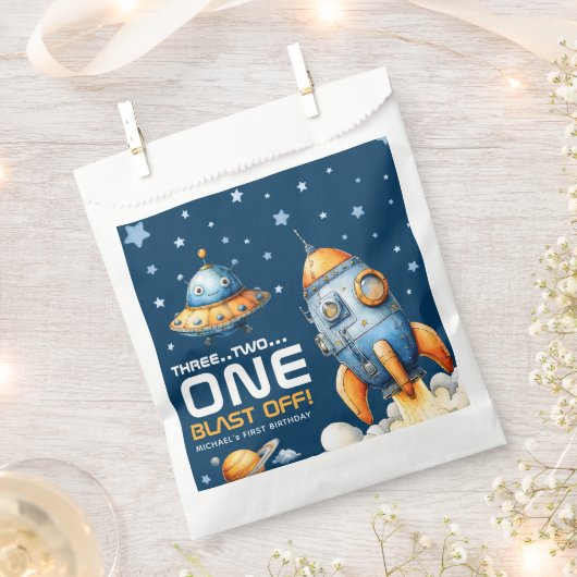Interstellar Rocket Launch Blast Off 1st Birthday Bedankzakje (Geknipt)