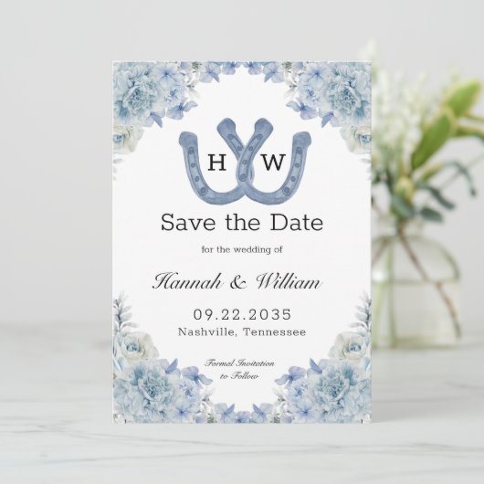 Intertwind Blue Hoefijzer Monogram Floral Foto Save The Date (Staand voorkant)