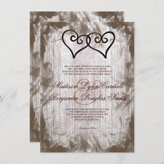 Intertwind Double Hearts Rustic Wedding Invites Kaart (Voorkant / Achterkant)