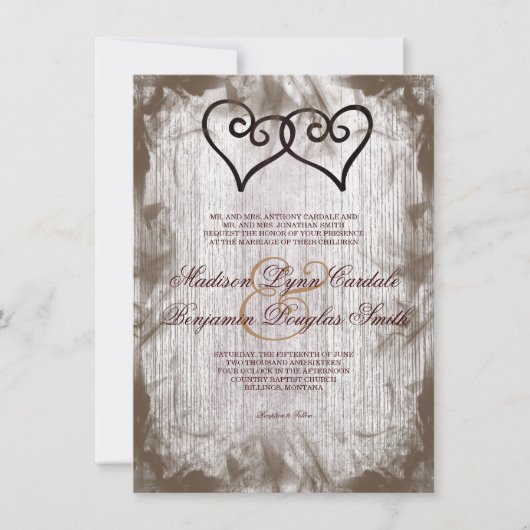 Intertwind Double Hearts Rustic Wedding Invites Kaart (Voorkant)