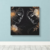 Intertwined Feminine Faces with Golden Florals Canvas Afdruk (Insitu (Houten vloer))