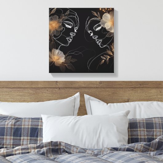 Intertwined Feminine Faces with Golden Florals Canvas Afdruk (Insitu (Slaapkamer))