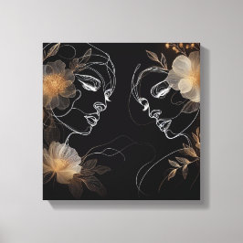 Intertwined Feminine Faces with Golden Florals Canvas Afdruk