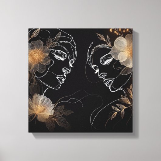 Intertwined Feminine Faces with Golden Florals Canvas Afdruk (Voorkant)