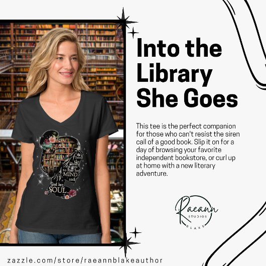 "Into the Library She Goes" V-hals T-shirt