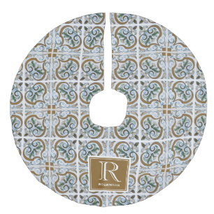 Intreget Italiaans tegelpatroon, Monogram Imitatie Linnen Kerstboom Kleed