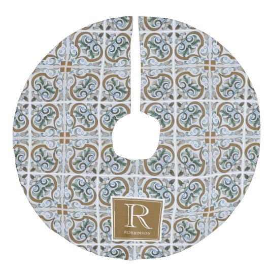 Intreget Italiaans tegelpatroon, Monogram Imitatie Linnen Kerstboom Kleed (Voorkant)