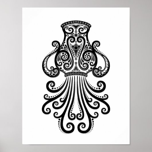 Intricate Black Aquarius Zodiac on White Poster (Voorkant)