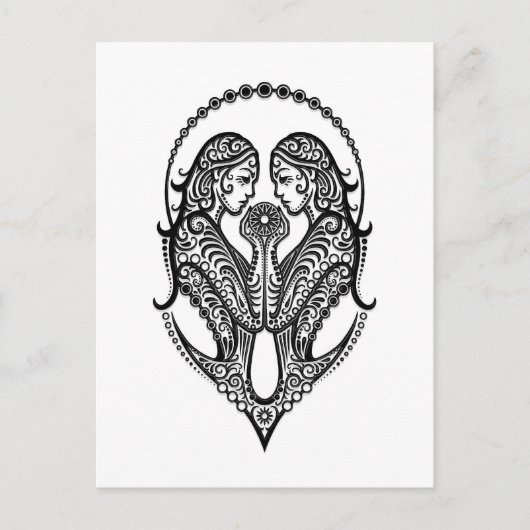 Intricate Black Gemini Zodiac op White Briefkaart (Voorkant)
