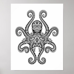 Intricate Black Octopus op wit Poster